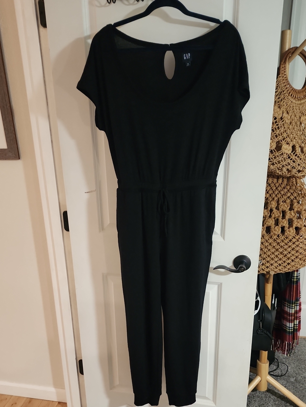 GAP Black Short-Sleeve Drawstring Jumpsuit